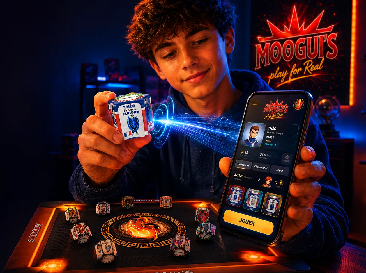 Joueur Moogui's scannant son Moogue physique avec son smartphone devant l'arène